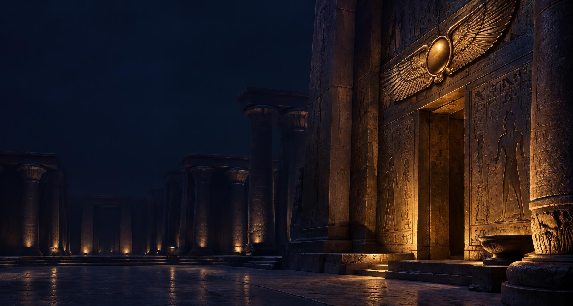 Templo inspirado en el Antiguo Egipto con relieves y un disco solar alado